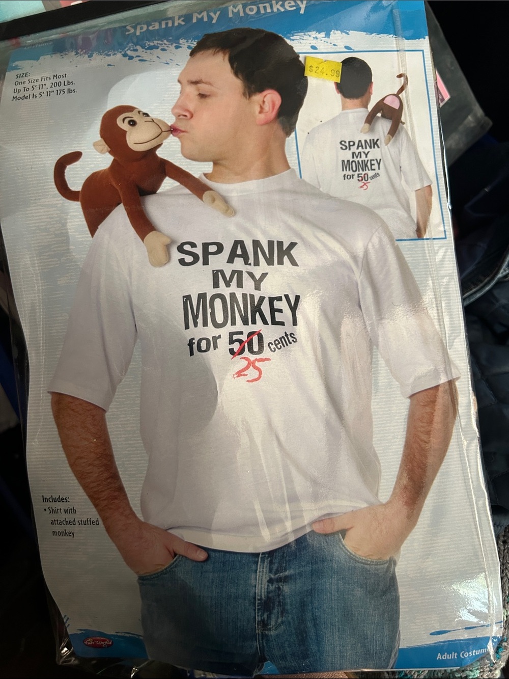 White "Spank My Monkey" Novelty Men's T-Shirt with Attached Plush Monkey